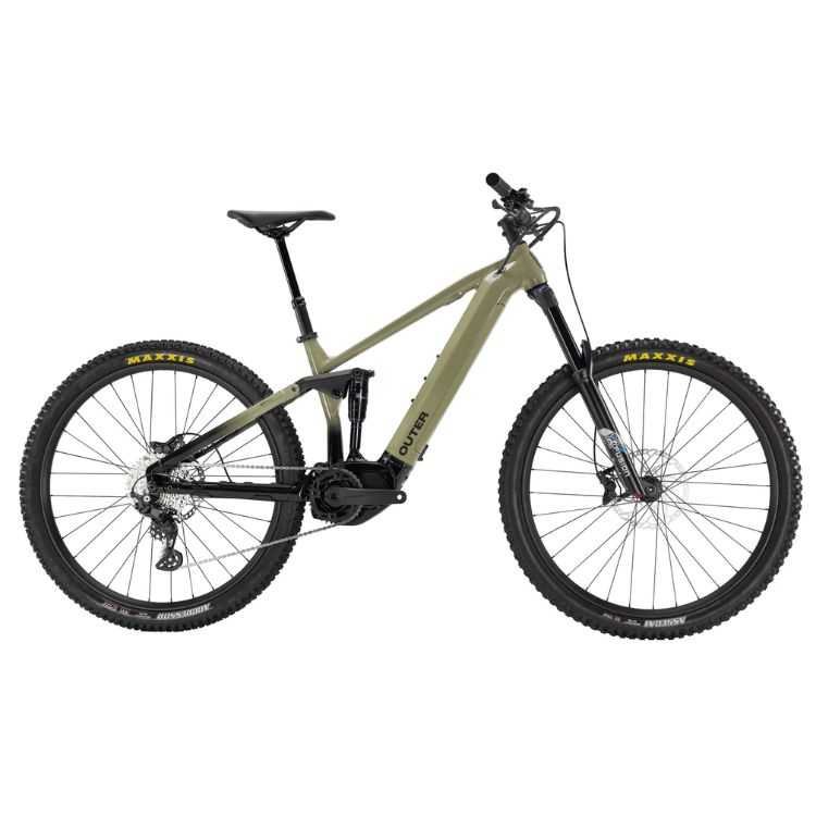 Outer Cycles The Link Deore e-bike with X-Fusion suspension and Shimano EP6 motor for technical trail performance.